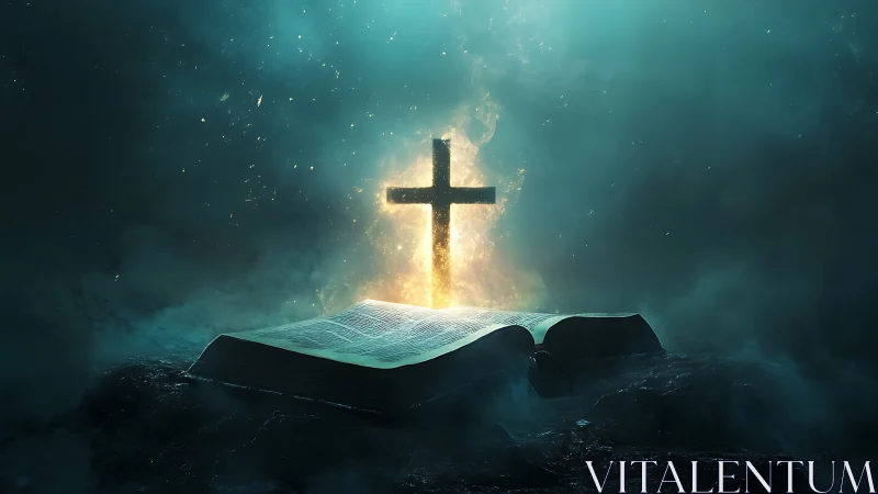 Glowing cross rises from open Bible in ethereal teal mist