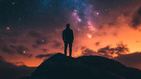 Quiet stargazer on a glowing cliff under cosmic skies.