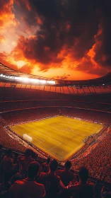 Panoramic football stadium under volumetric ember sky glow.