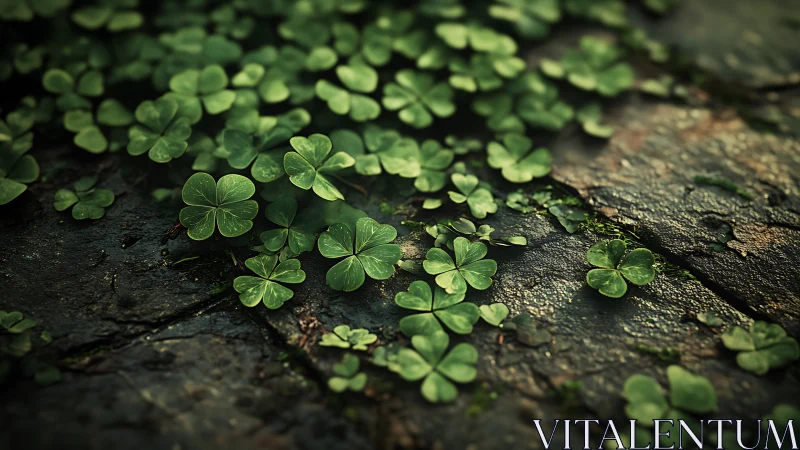 Clover leaves spreading across textured forest stone surface.