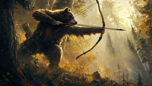 Digital painting of archer bear in dramatic forest chiaroscuro.