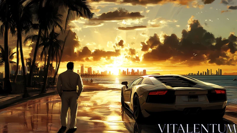 Sunset coastal drive with sports car and distant skyline.