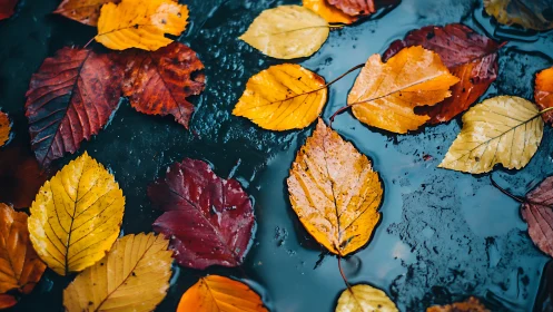 Colorful autumn leaves floating on dark wet surface.