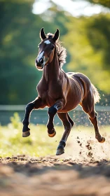 Galloping bay foal kicking up dust on sunlit country track.