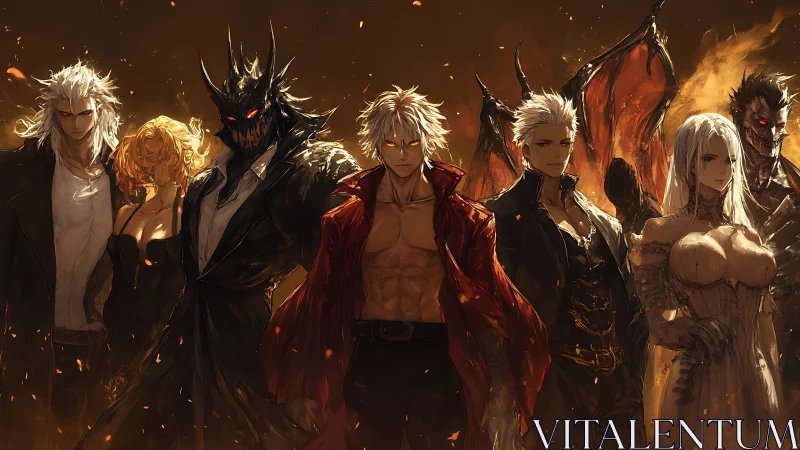 Infernal ensemble of warriors amid burning embers.