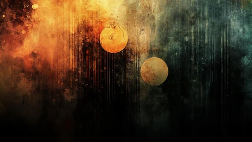 Abstract cosmic landscape with orange planets and textured background.