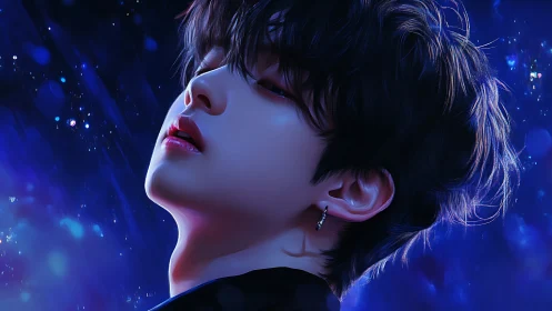 Luminous night portrait of youth in deep sapphire glow.