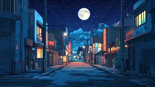 Moonlit anime street glows softly under a clear urban night