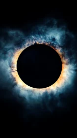 Central dark disk with luminous corona in clouded sky.