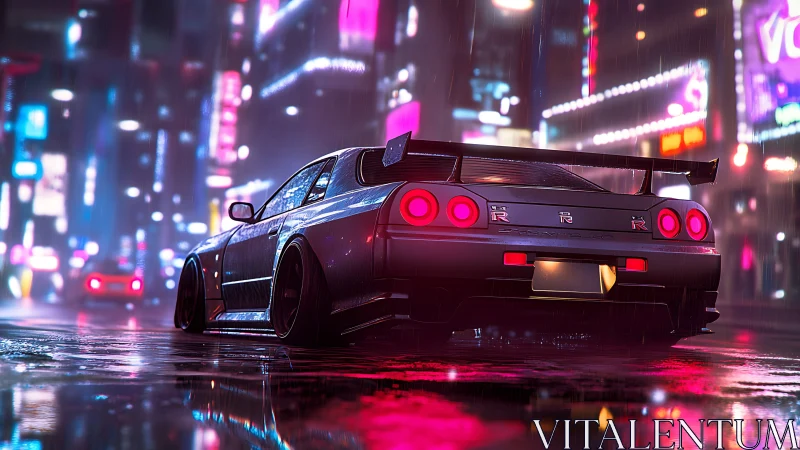 Neon-lit tuner car idles in cyberpunk rain-soaked streetscape