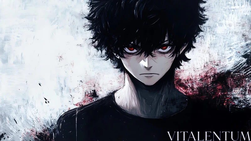 Smoldering red eyed anime boy stands in moody painted shadows