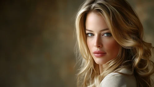Portrait captures blonde woman with soft cinematic lighting.