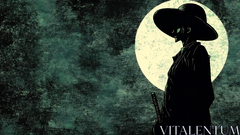 Silhouetted swordsman in wide hat before full moon.