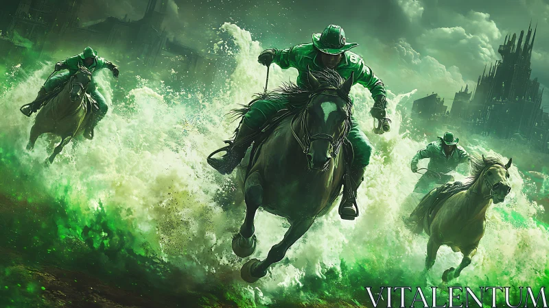 Emerald storm riders charge through spectral racing waters.