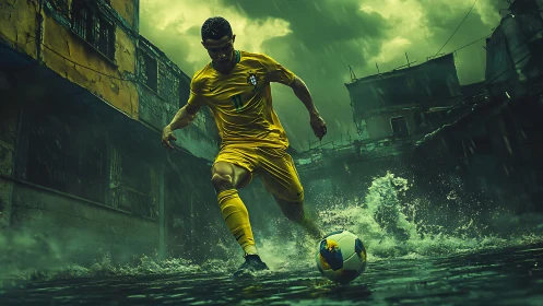 Storm-slicked street striker carving lightning through rain.