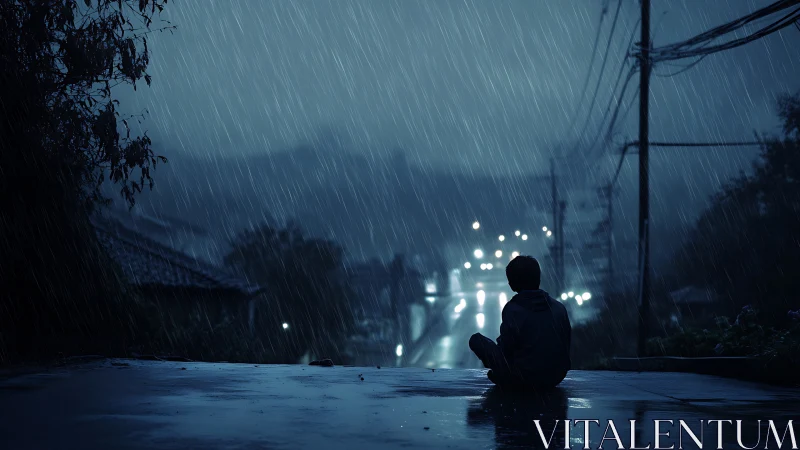 Backlit child silhouette studies urban rain under cool streetlights