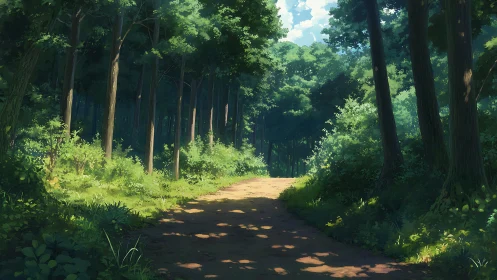 Forest pathway with tall timber trees and dappled sunlight