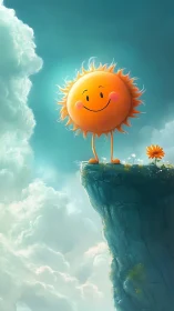 Smiling cartoon sun stands on bright cliff above clouds.