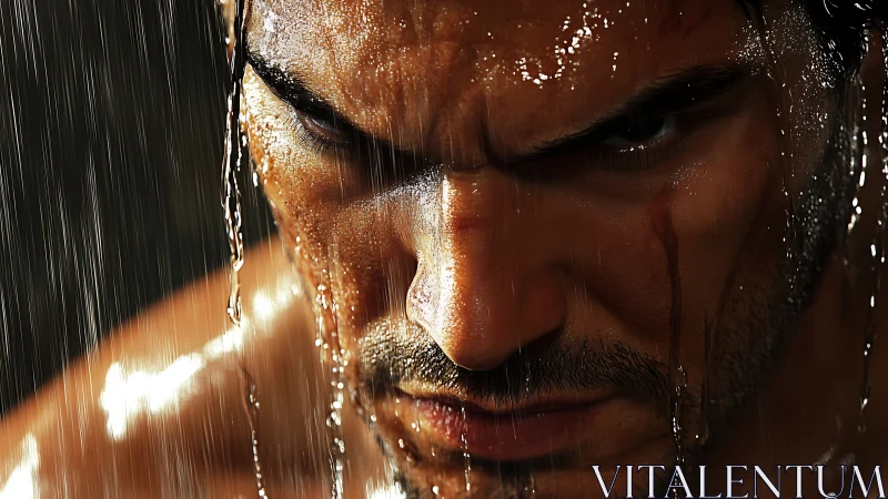 Intense male face in rain with cinematic dramatic lighting.