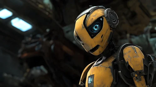 Yellow service android with worn chassis in industrial bay.