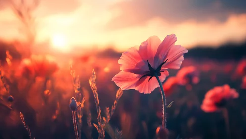 Pink Cosmos Backlit by Golden Sunset.