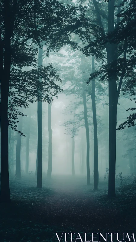 Misty Forest Path Through Tall Trees.