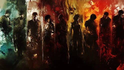 Heroic silhouettes stride through elemental colors of chaos.