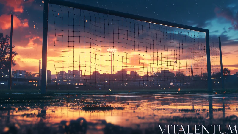 Rainy football goal at sunset on a reflective field.