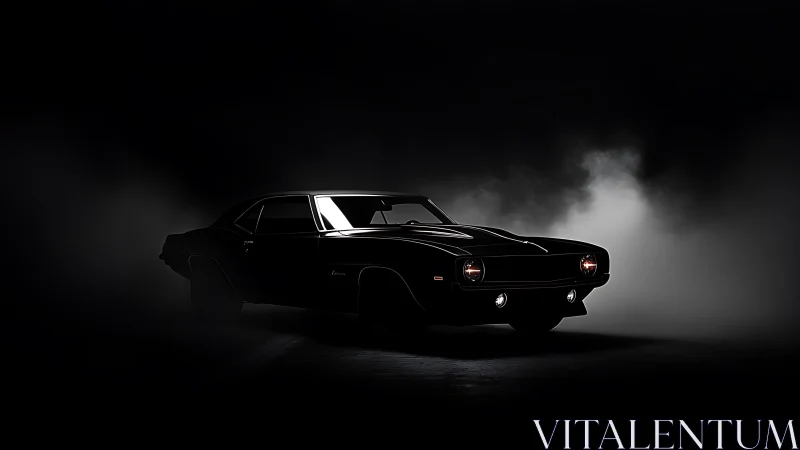 Classic black muscle car in low key studio lighting.