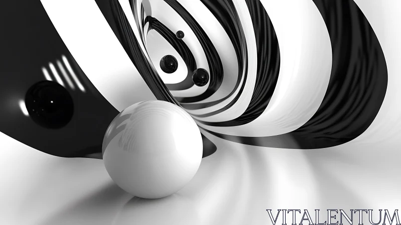 Bold monochrome spheres drift through swirling abstract waves