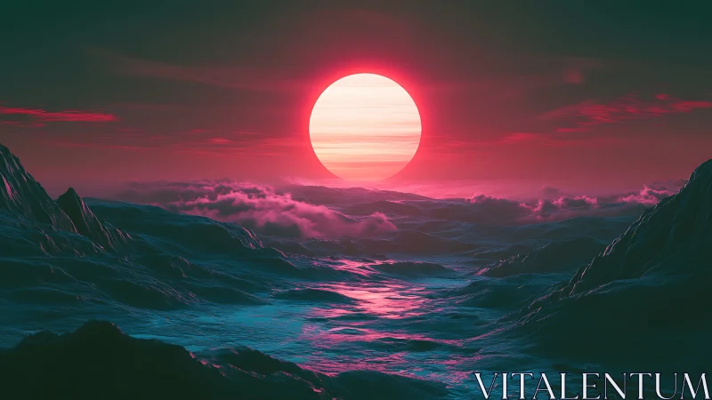 Neon sun over crystalline waves in surreal alien seascape.