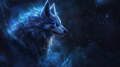 Celestial wolf spirit glows within deep cosmic nebula.