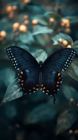 Dark butterfly rests on leaf against defocused garden background
