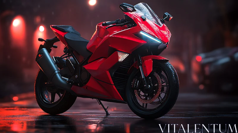 Red sport motorcycle stands on wet city street at night
