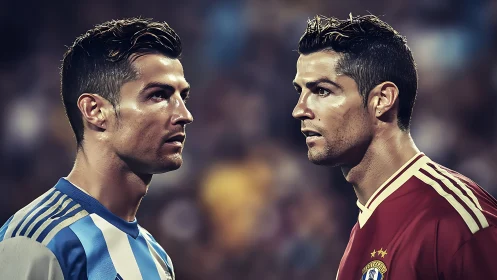 Dual football portraits contrast kits under stadium bokeh lights