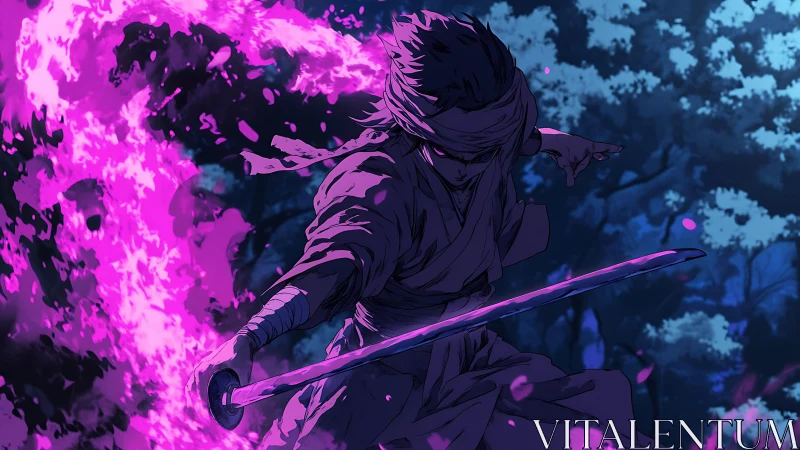 Blindfolded samurai unleashes vivid purple energy slash.