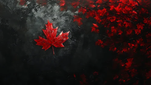 Single red maple leaf contrasts against clustered foliage