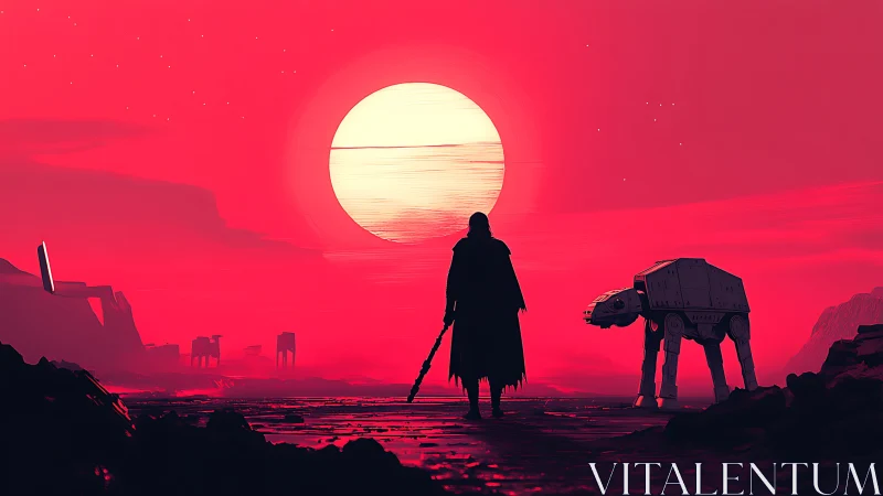 Lone cloaked wanderer on alien plain beneath crimson sun.