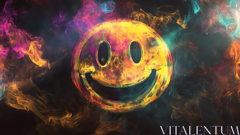 Neon smoke smiley face symbol on dark abstract background.