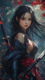 Digital portrait shows armed woman in black kimono outdoors