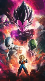 Fiery anime warriors assembled in dynamic cosmic clash poster.