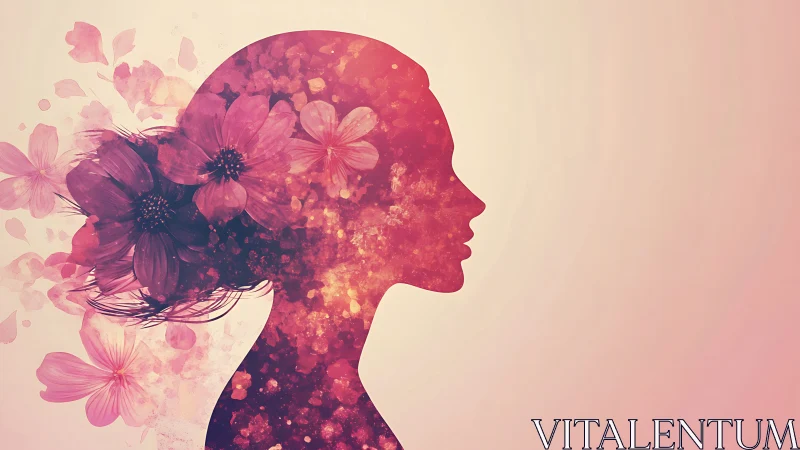 Elegant female silhouette with floral watercolor effects and soft hues.