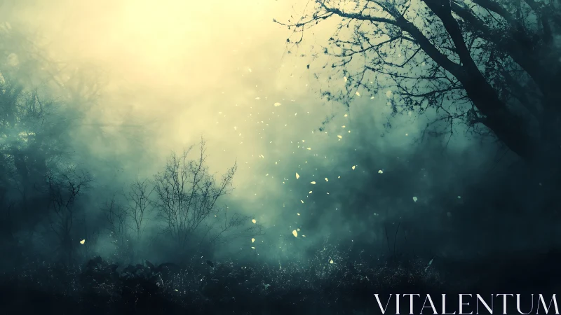 Luminous particles drift through misty twilight forest clearing