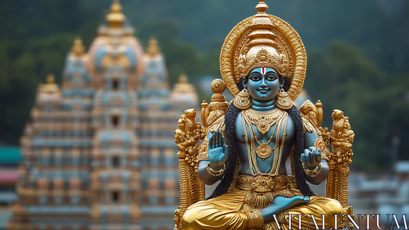 Blue Hindu deity statue sits before ornate temple gopuram