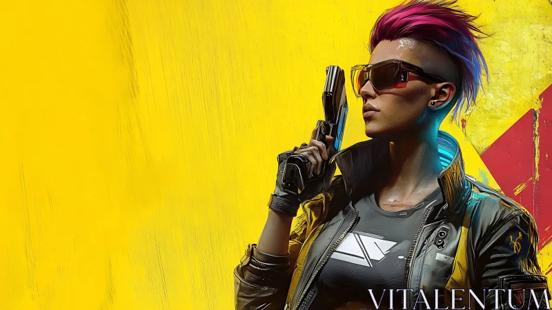 Futuristic armed character rendered against flat yellow backdrop