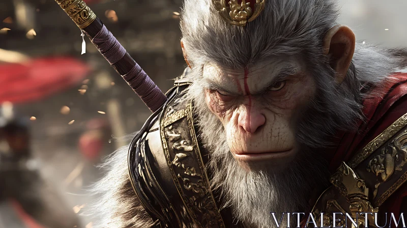 Fierce warrior monkey glares forward amid swirling embers