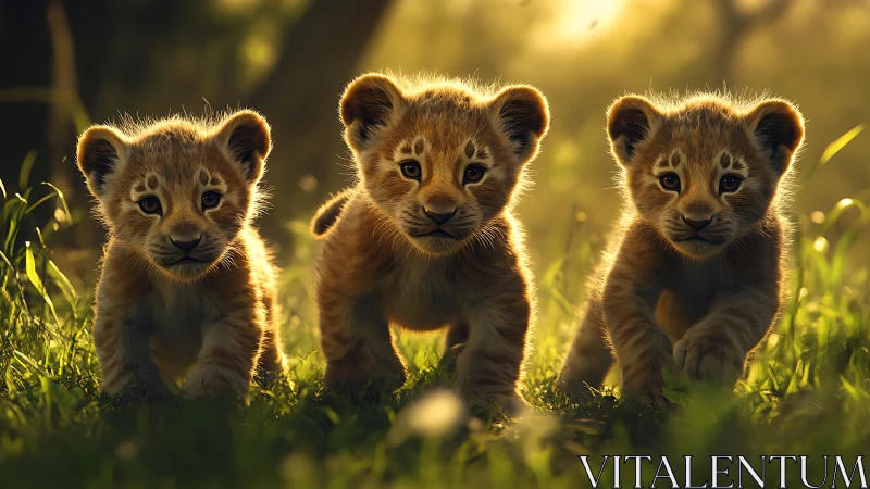Three Lion Cubs Bathed in Golden Hour Magic.