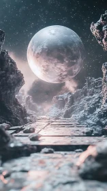 Moonlit alien pathway welcomes quiet cosmic exploration