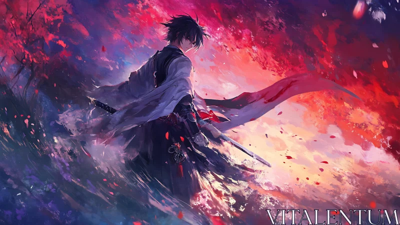 Samurai silhouette cuts through abstract crimson storm light