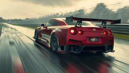 Red Nissan GT-R accelerated on wet racetrack with dynamic motion blur